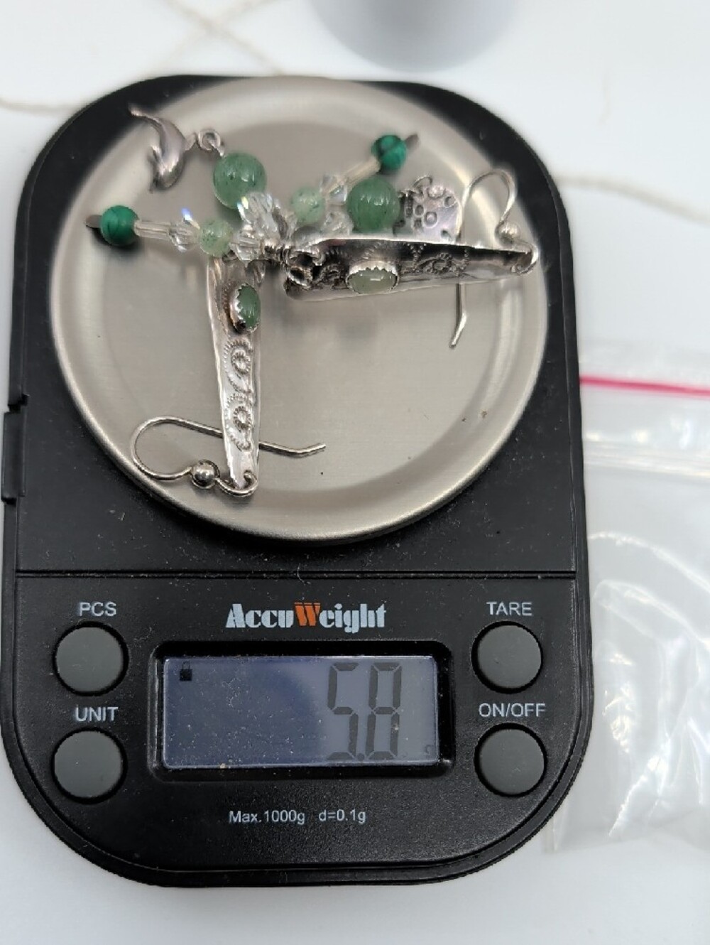 Vintage 925 Sterling Silver Green Stone Dolphin Sand Dollar Dangle Earrings - Picture 7 of 17